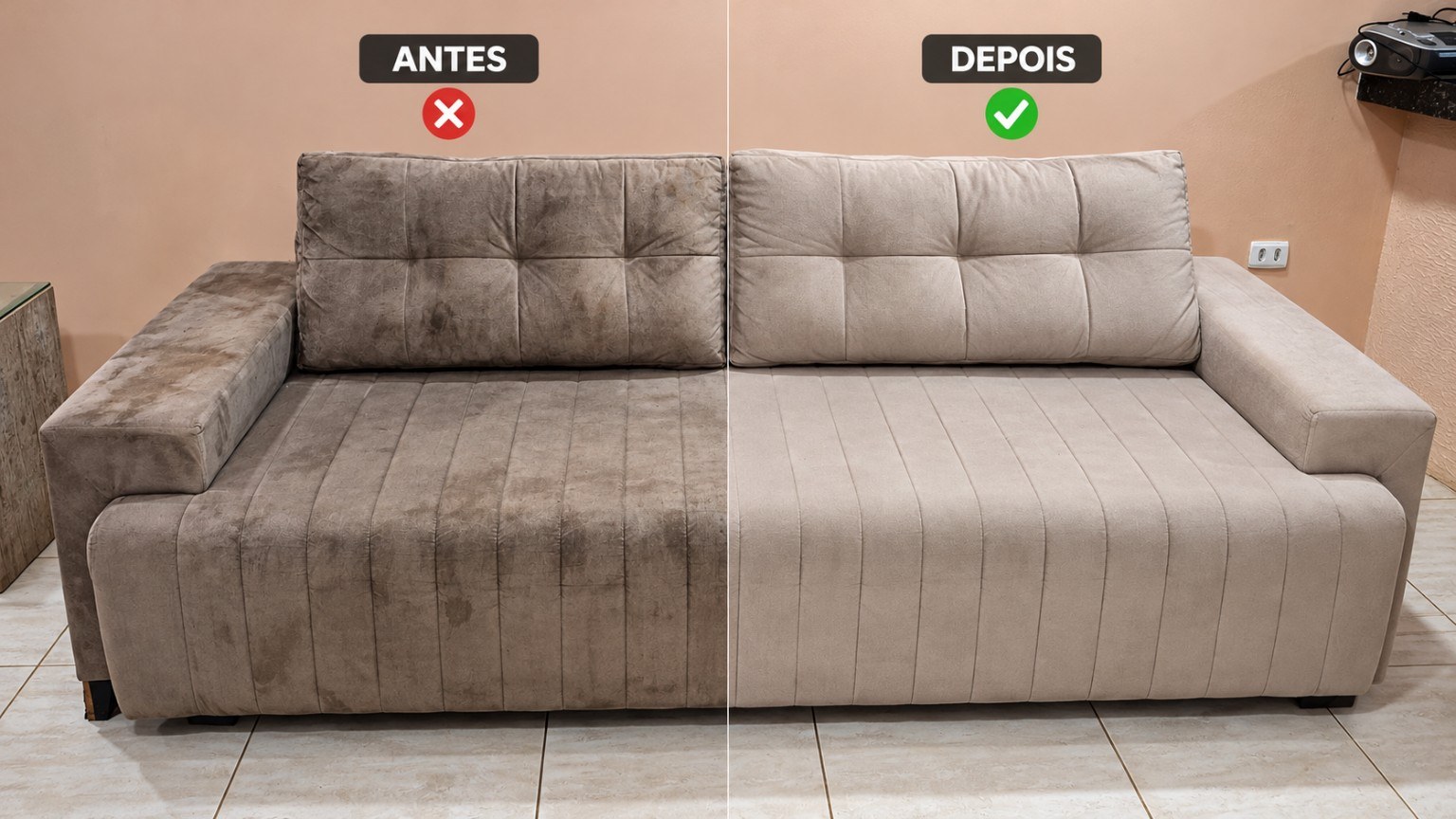 Comparação antes e depois de sofá higienizado