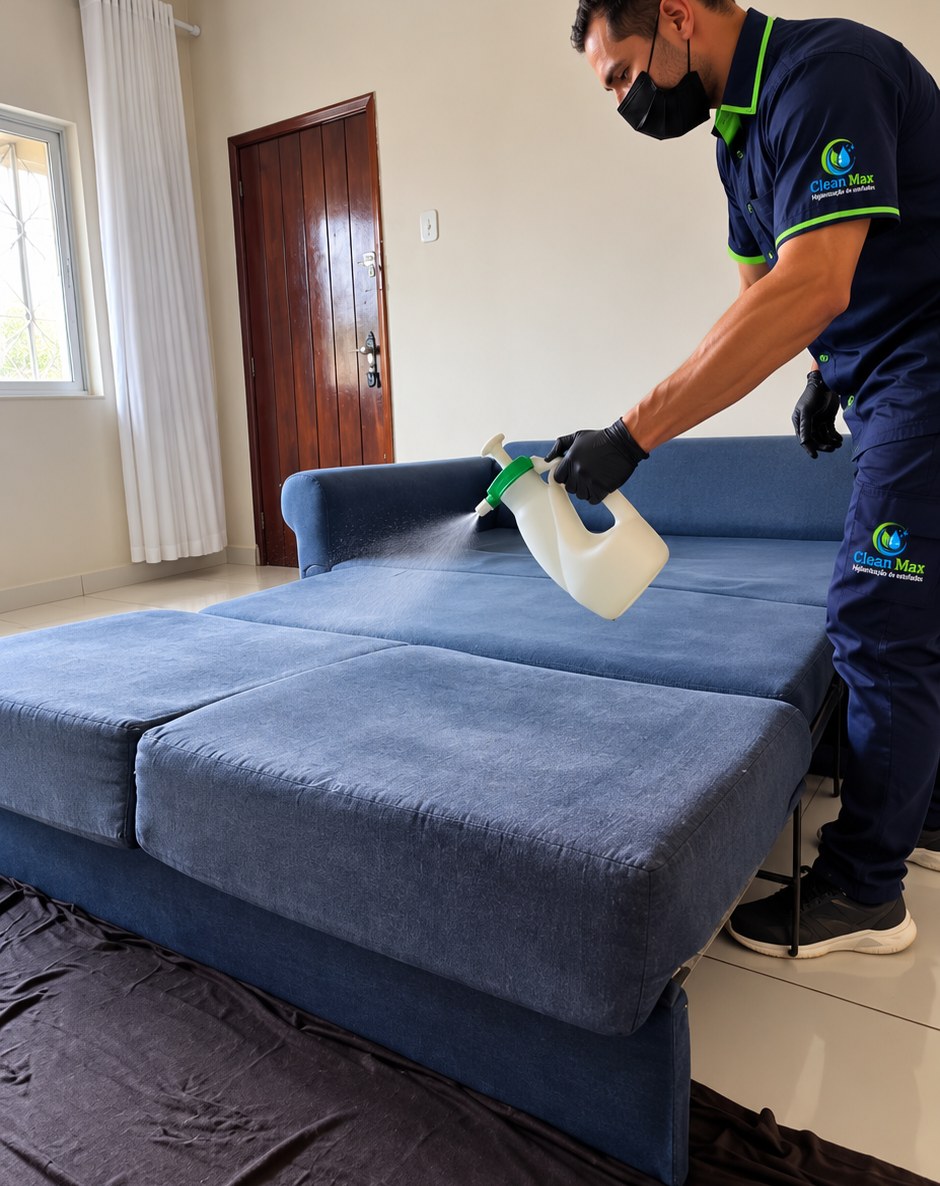 Profissional da Clean Max realizando a higienização de um estofado